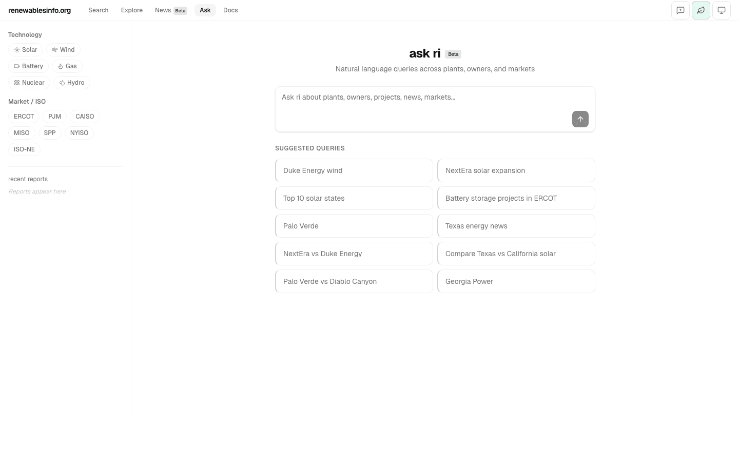 ask pi landing page showing the query input, technology and market sidebar filters, and suggested queries