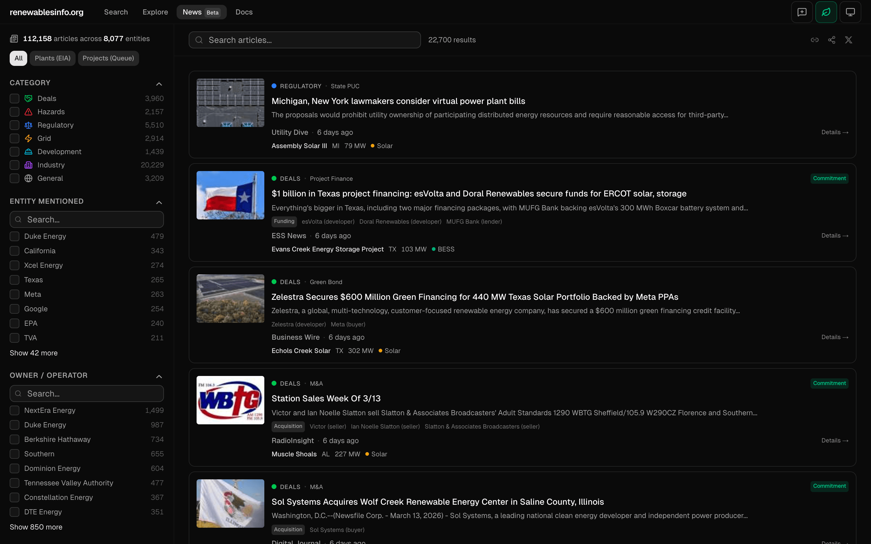 News hub showing sidebar filters (category, entity, owner, fuel type, state) and article feed with thumbnails, category badges, and plant links