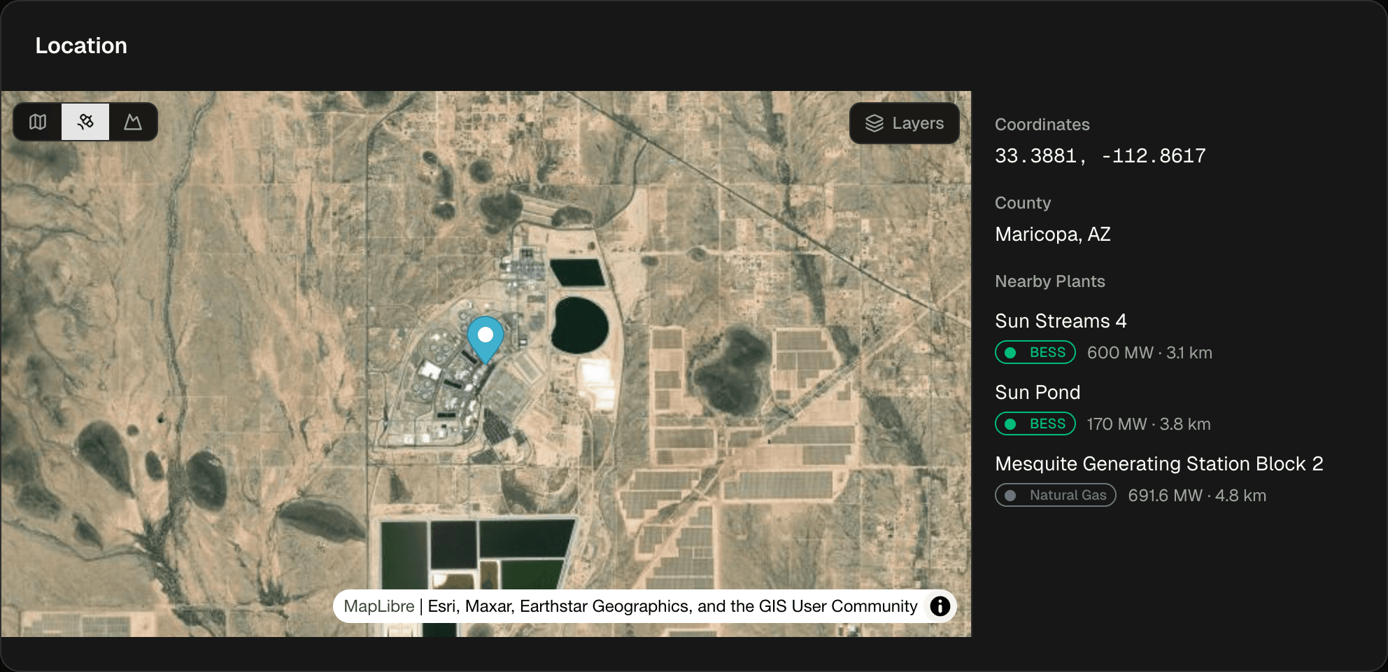 Plant map section showing satellite basemap with boundary polygon overlay, basemap switcher, layer panel, and sidebar with coordinates and nearby plants