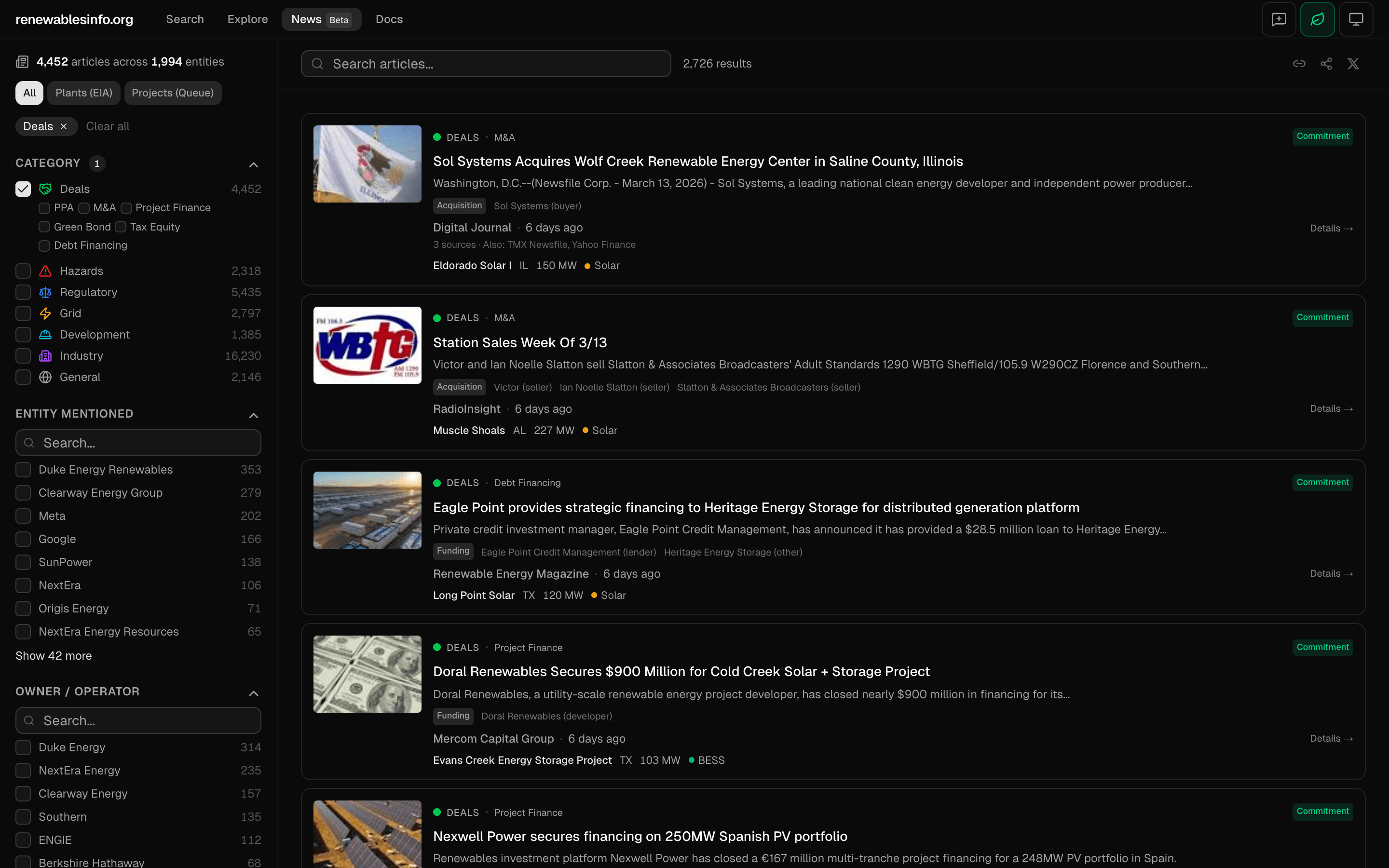 News page filtered to Deals category showing M&A, PPA, and project finance articles